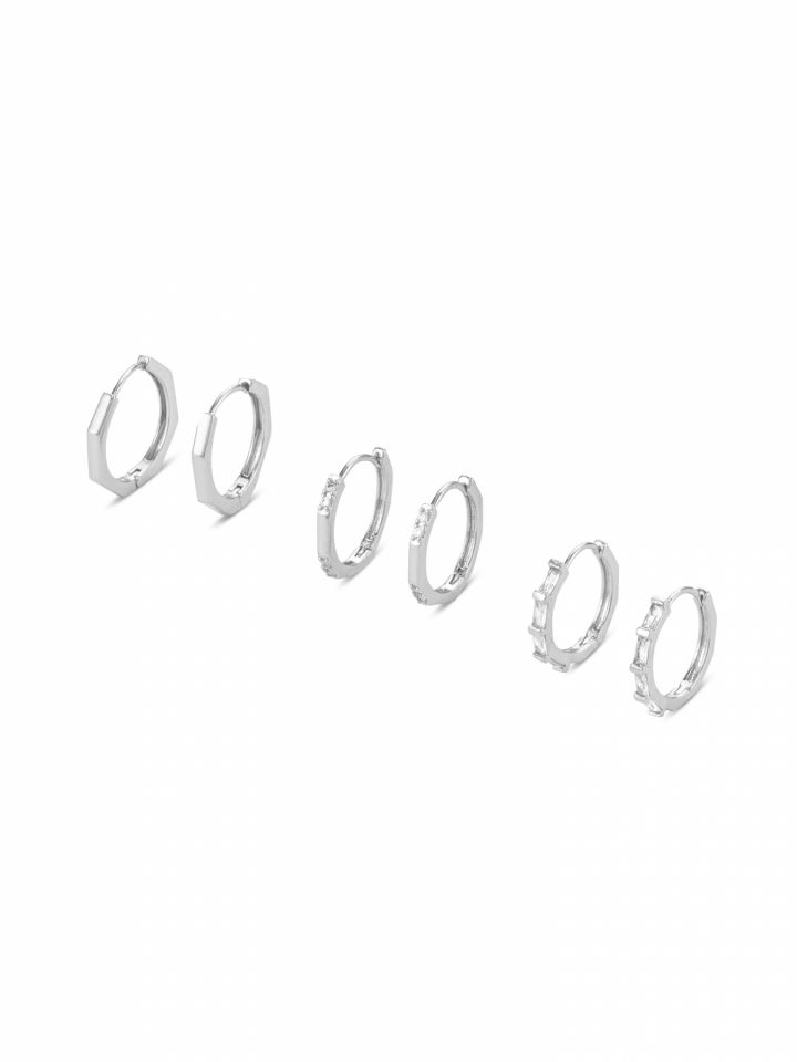 סט 3 זוגות עגילים משובצות - רודיום