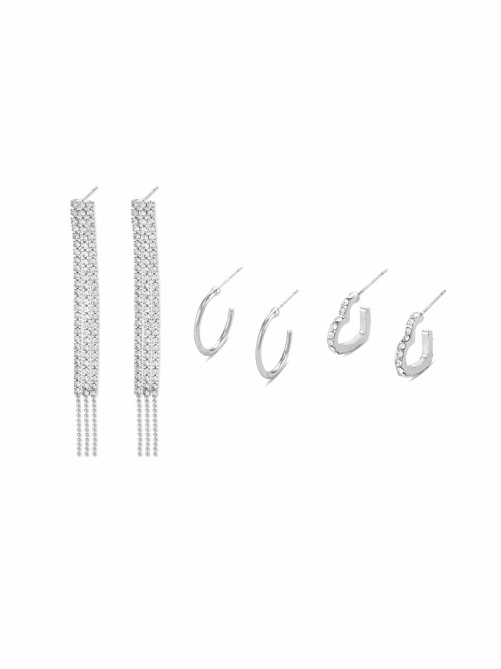 סט 3 זוגות עגילים משובצות - רודיום